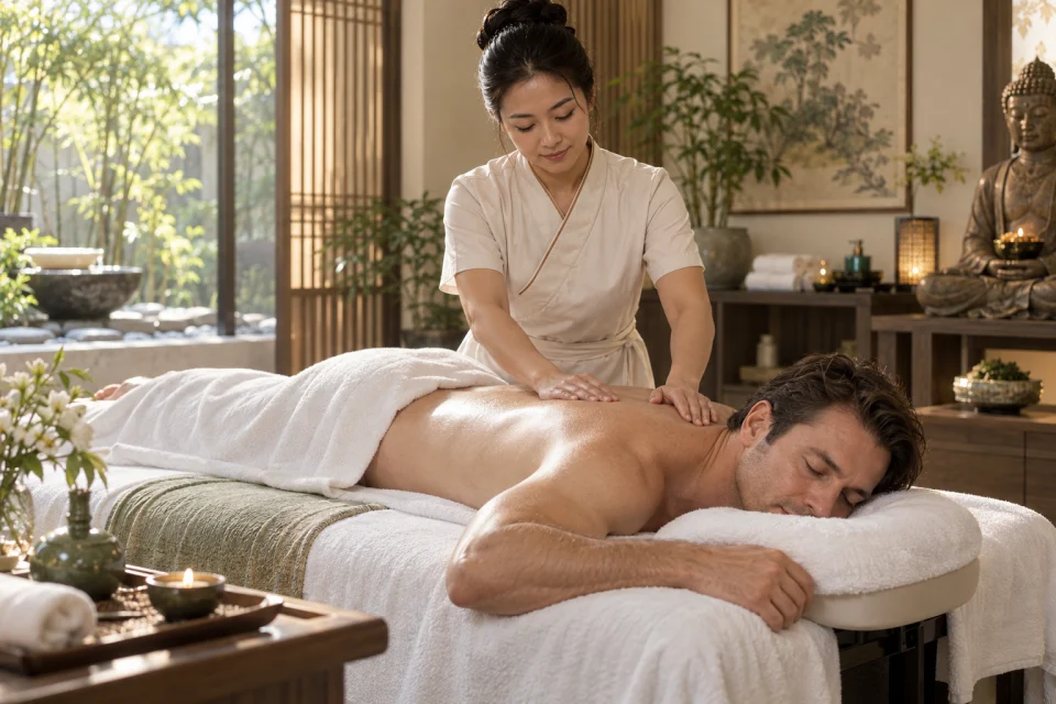 Illustrative professional massage in a calm wellness studio