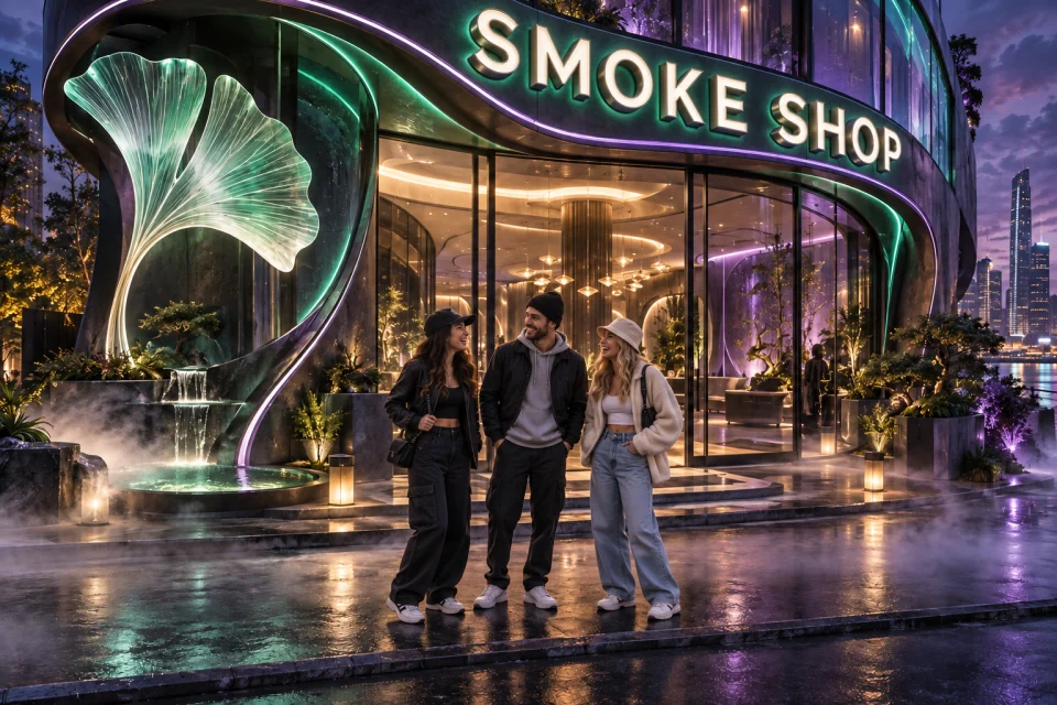 Illustrative modern shop exterior with adult visitors